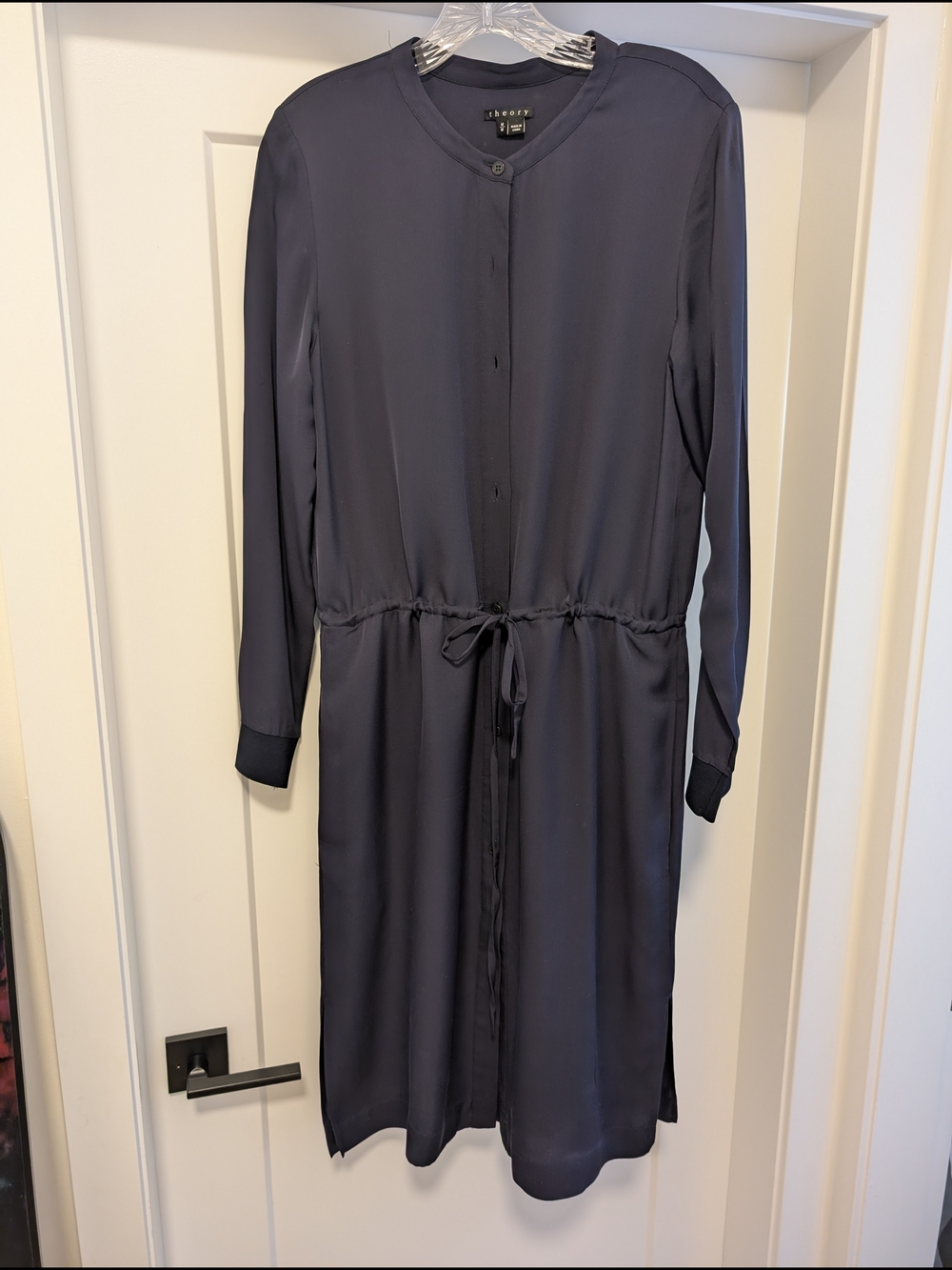 Theory Navy Long Sleeve Drawstring 100% Silk Shirt Dress